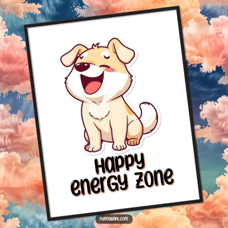 Funny poster of a dog character barking with ecstatic energy and a furiously wagging tail, capturing pure canine joy and humor.
