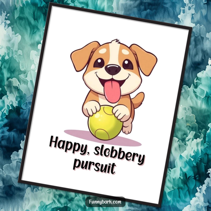 Funny grinning dog poster with tongue out, capturing a dog in the act of chasing a ball with comical joy.