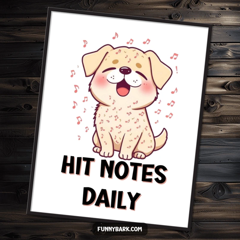 Funny poster artwork of a dog with eyes closed, singing joyfully, surrounded by floating musical notes.