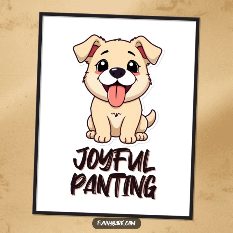 Funny poster of a dog happily panting with its tongue out, mid-bark, radiating pure joy, energy, and comical canine enthusiasm.