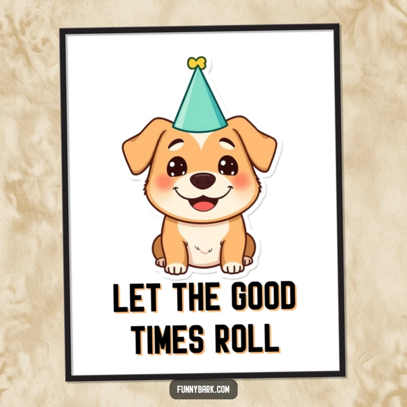 Funny dog character in a party hat with a silly, joyful grin, creating a festive and humorous poster.