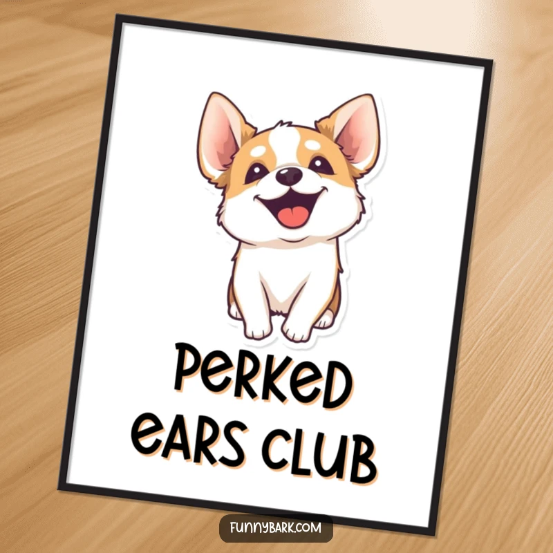 Funny poster art displaying a dog's head tilted attentively, ears perked, with an energetic yip sound wave emanating, cheerful wall decor.