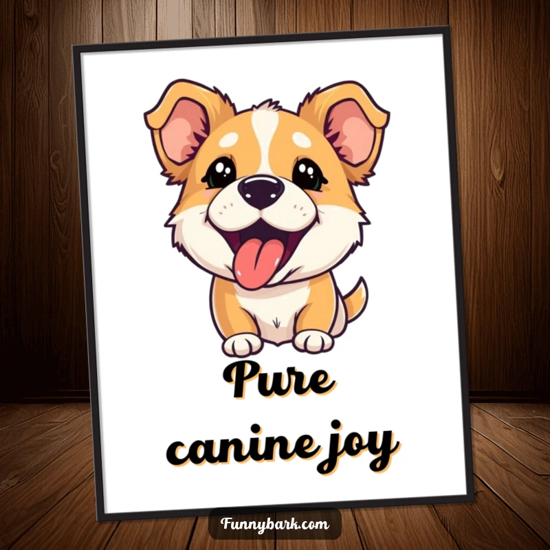 Funny poster showcasing a dog with perked ears and tongue out, caught in a hilarious, energetic, playful bark.