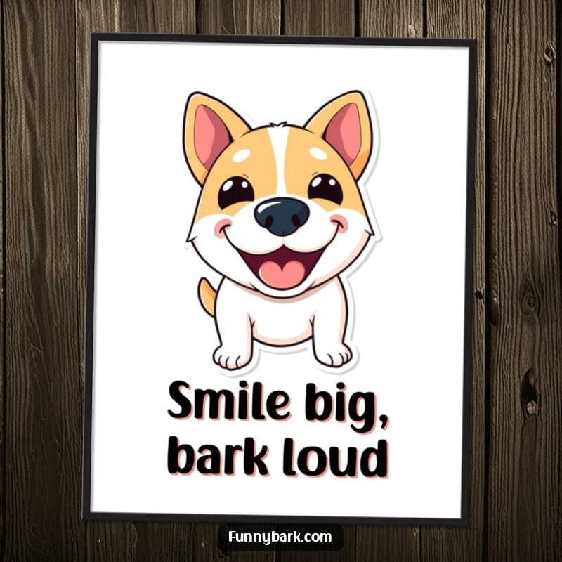 Funny Poster of a dog with a wide, excited grin, appearing to joyfully shout greetings, full of life.