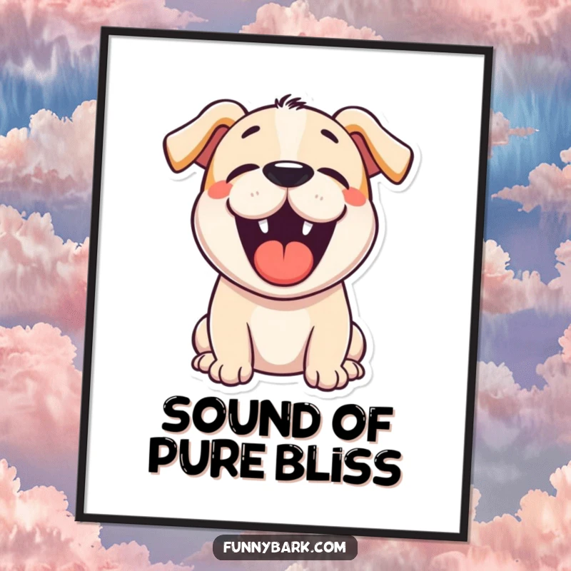 Funny cartoon dog poster illustrating a dog with its mouth wide open in a delightful, happy bark, full of life.