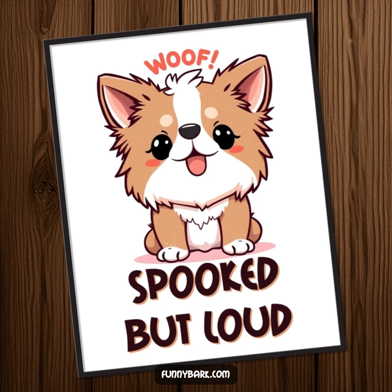 Funny Dog Poster, depicting a dog with its fur standing comically on end, emitting a cartoonish WOOF! in a state of humorous shock.