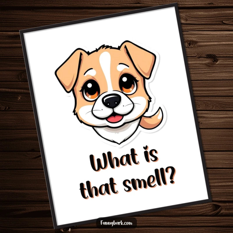 Funny poster: A stylized dog head with large, curious eyes and a happy, wagging tail, conveying inquisitive charm, a great funny gift.