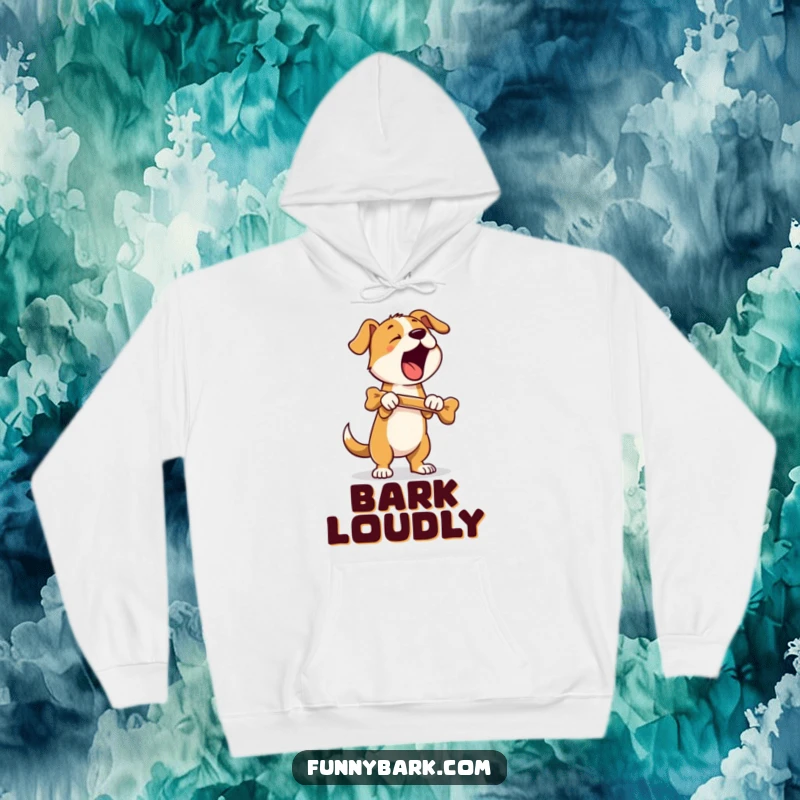 Funny hoodie showing a dog standing on hind legs, clutching a bone, and barking loudly; a humorous depiction of canine excitement.