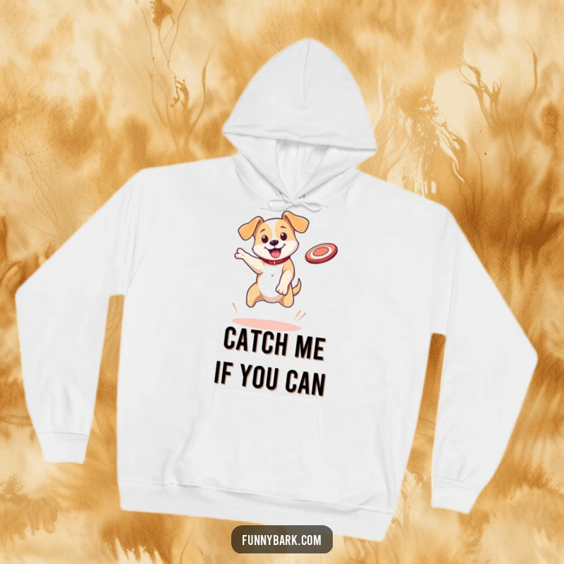 Funny Dog Hoodie: A bouncing dog character with floppy ears leaps high to catch a flying disc, embodying energetic fun and athletic spirit.