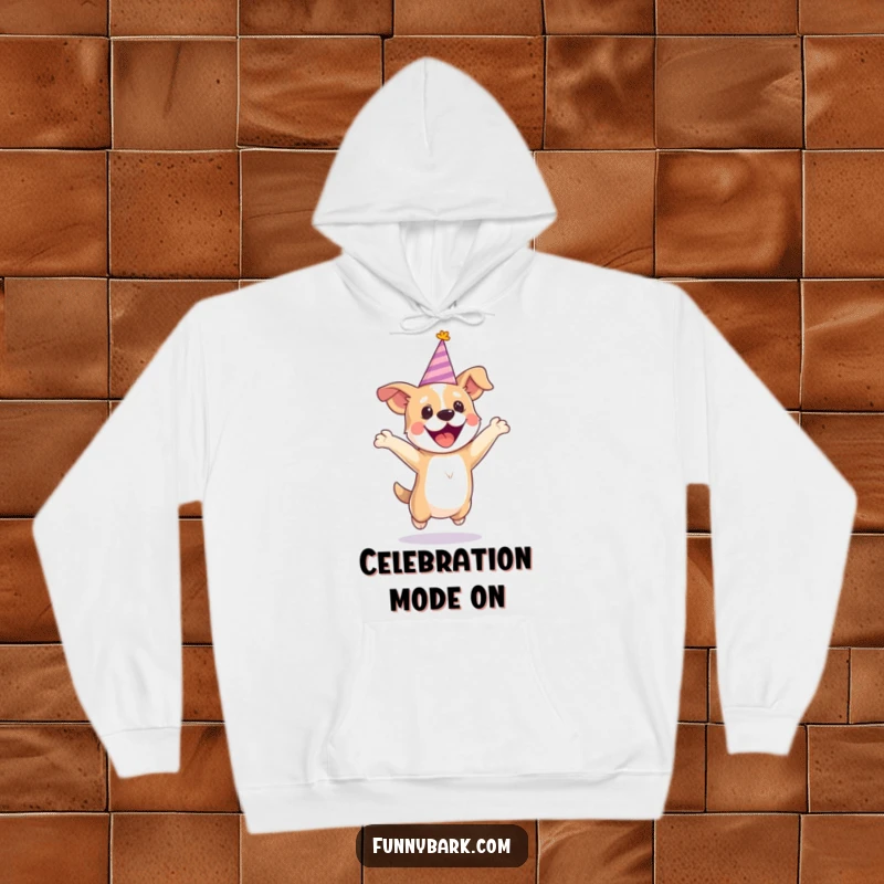 Funny party dog hoodie featuring a dog in a tiny hat, jumping with excitement, embodying pure celebration.