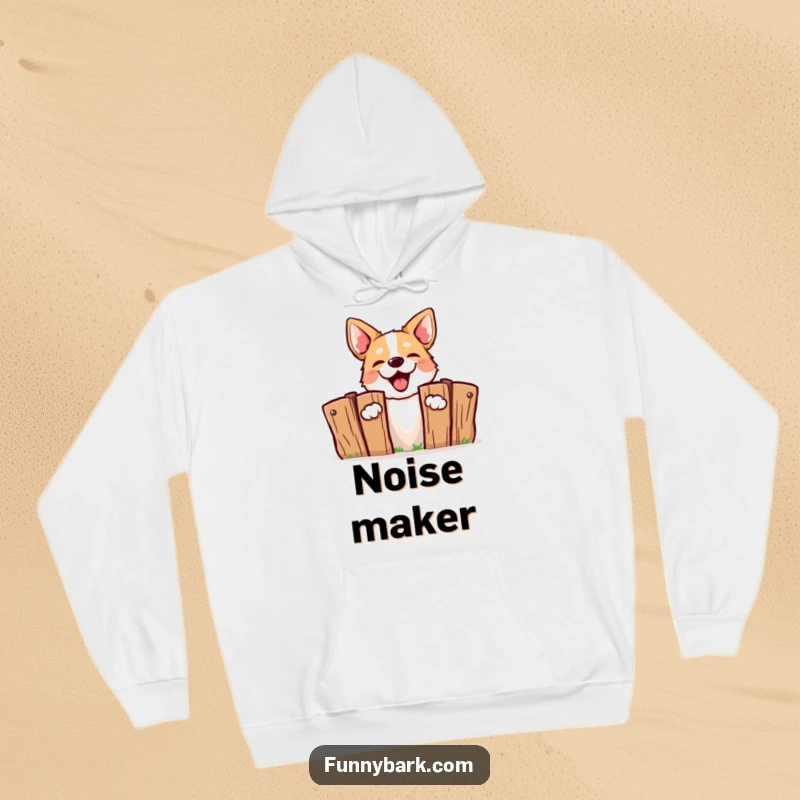 Funny Barking Dog Hoodie: A dog peeking over a fence, energetically barking, designed for cozy, humorous wear.