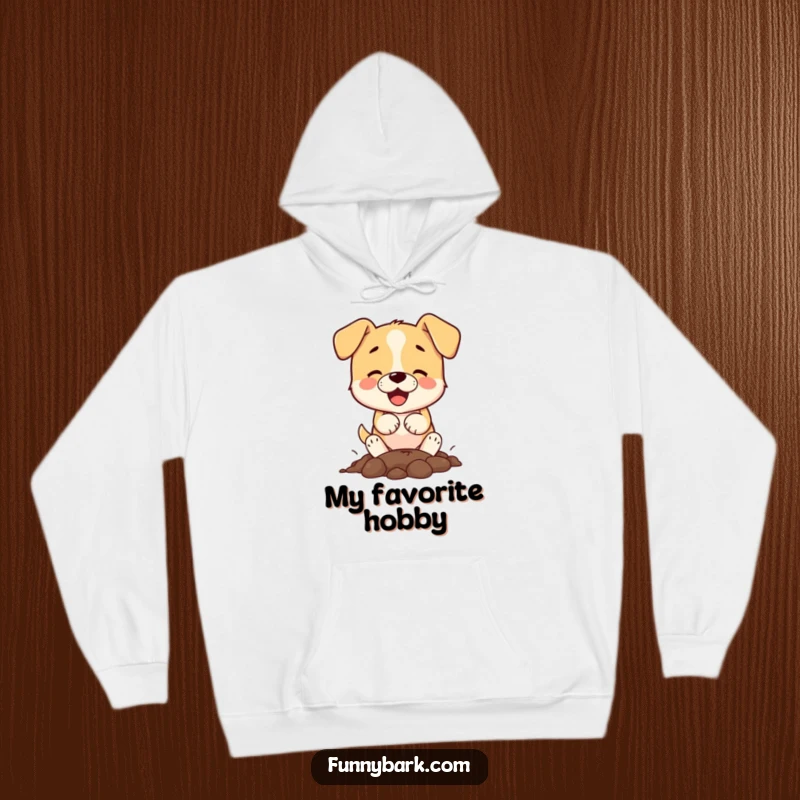 Funny small dog character digging with paws on a hoodie, embodying playful energy and cozy comfort.
