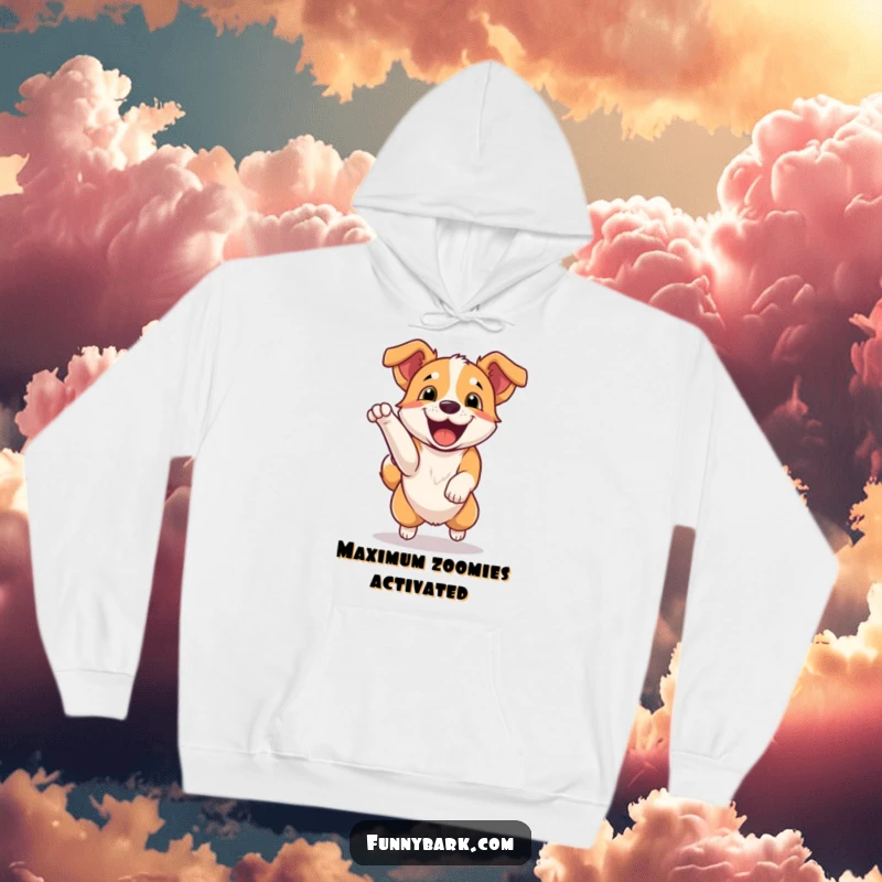 Funny Hoodie: A dog jumping excitedly, mouth open in a happy bark, symbolizing pure delight. Perfect gift.