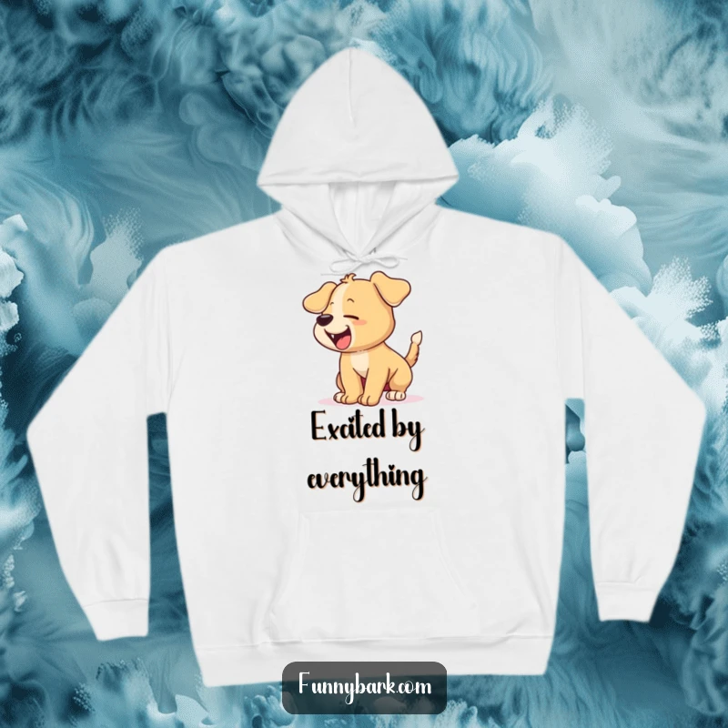 Funny hoodie showcasing a cartoon puppy with its tail wagging furiously, barking with pure, unadulterated excitement and joy.