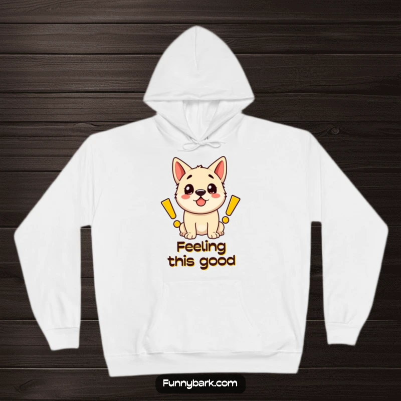 Funny hoodie design featuring a jubilant dog energetically emitting large, cartoon exclamation marks of happiness.
