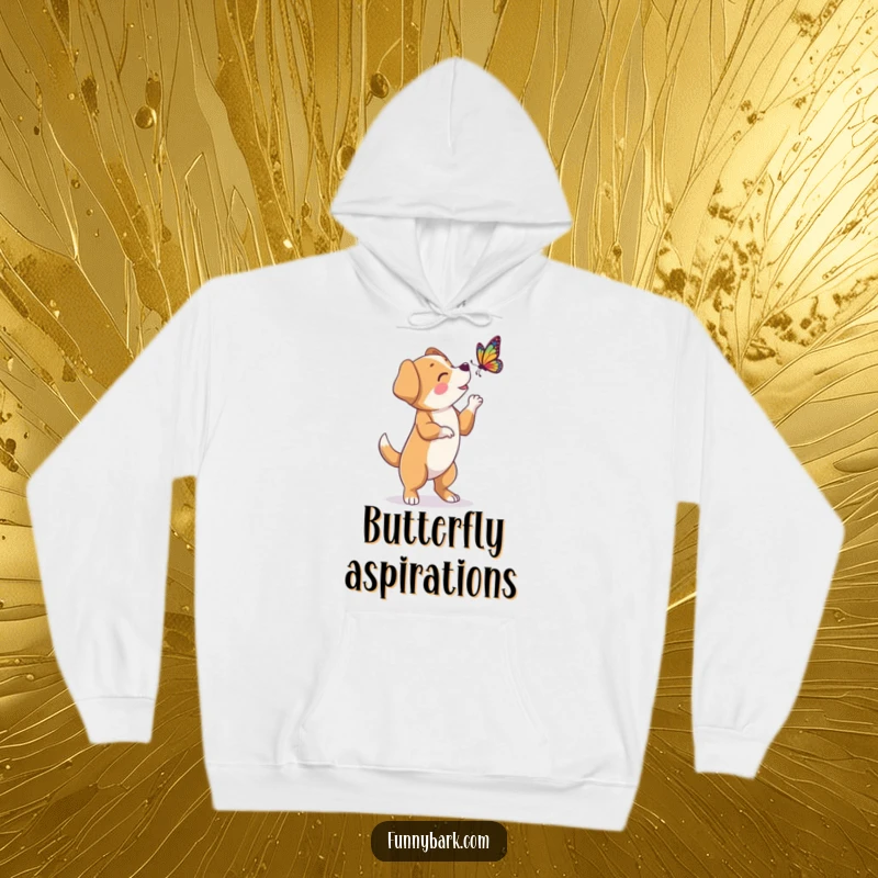 Funny hoodie featuring a dog character on hind legs, barking with playful determination at a passing butterfly.