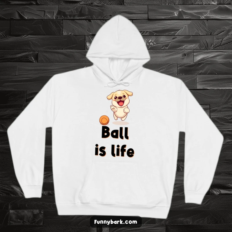 Funny hoodie design featuring a small, determined dog barking with excitement while enthusiastically chasing a thrown ball.