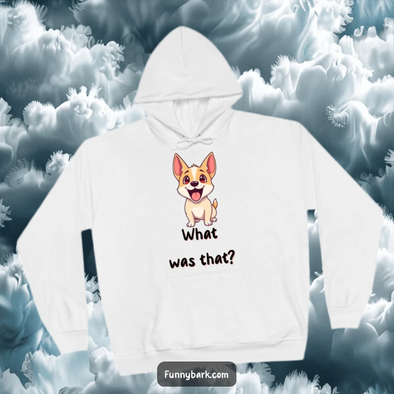 Funny Dog Hoodie: A dog showing exaggerated excitement, head tilted, ears perked, ready for anything fun.