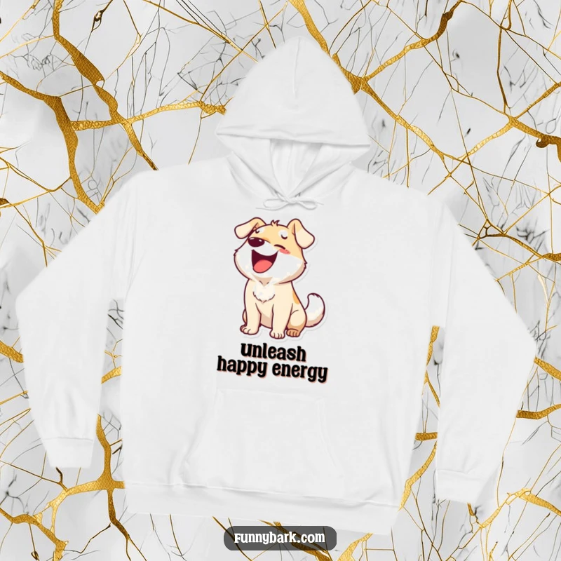 Funny hoodie featuring a dog character barking with ecstatic energy and a wagging tail, offering cozy humor and canine cheer.