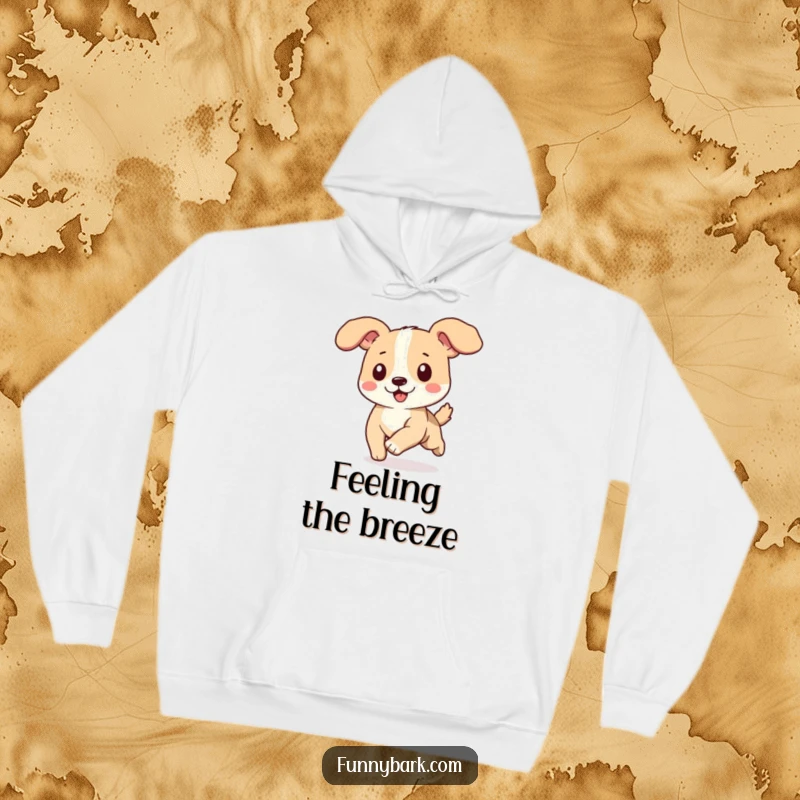 Funny dog hoodie, ears flapping, running happily through a field, windblown fur, cozy and cheerful.