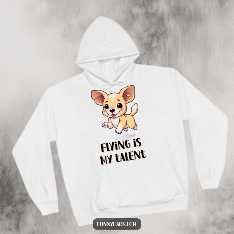 Funny floppy eared dog hoodie featuring a dog mid-leap, large ears and wagging tail in dynamic, happy motion.