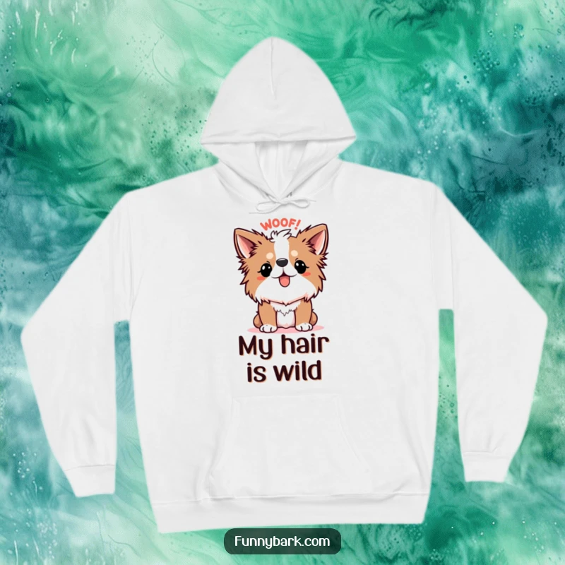 Funny Dog Hoodie, showing a dog with its fur standing upright, letting out a cartoonish WOOF! in a state of comical alarm.