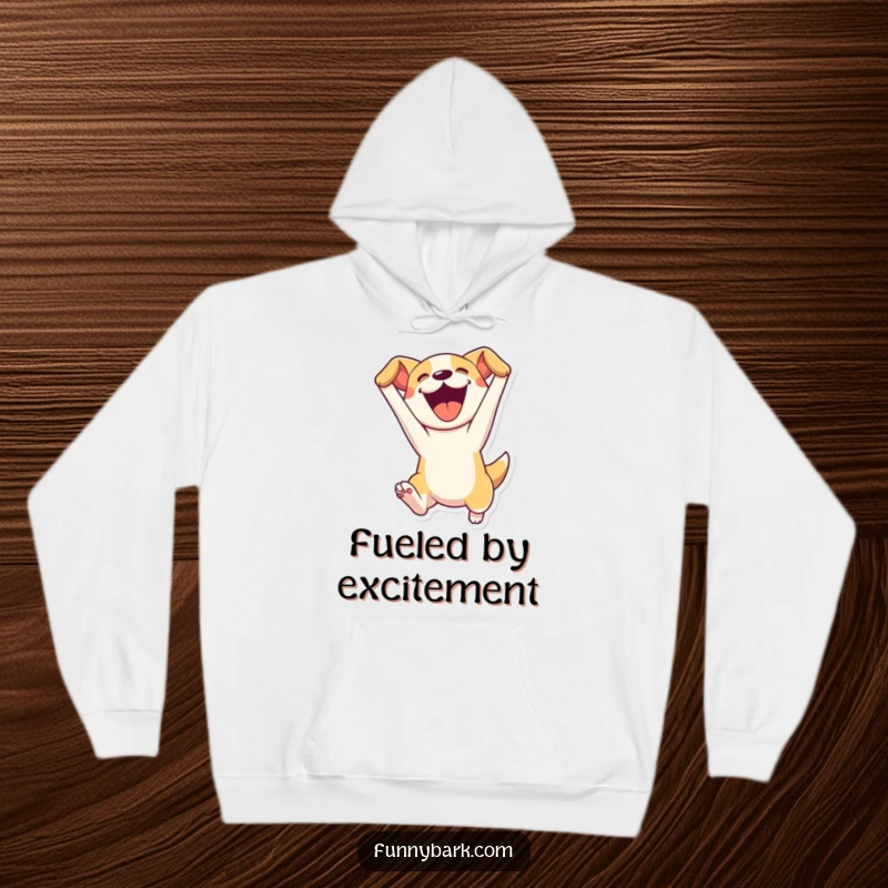 Funny hoodie showcasing a dog character leaping with mouth open, embodying dynamic movement, boundless energy, and humorous canine exuberance.