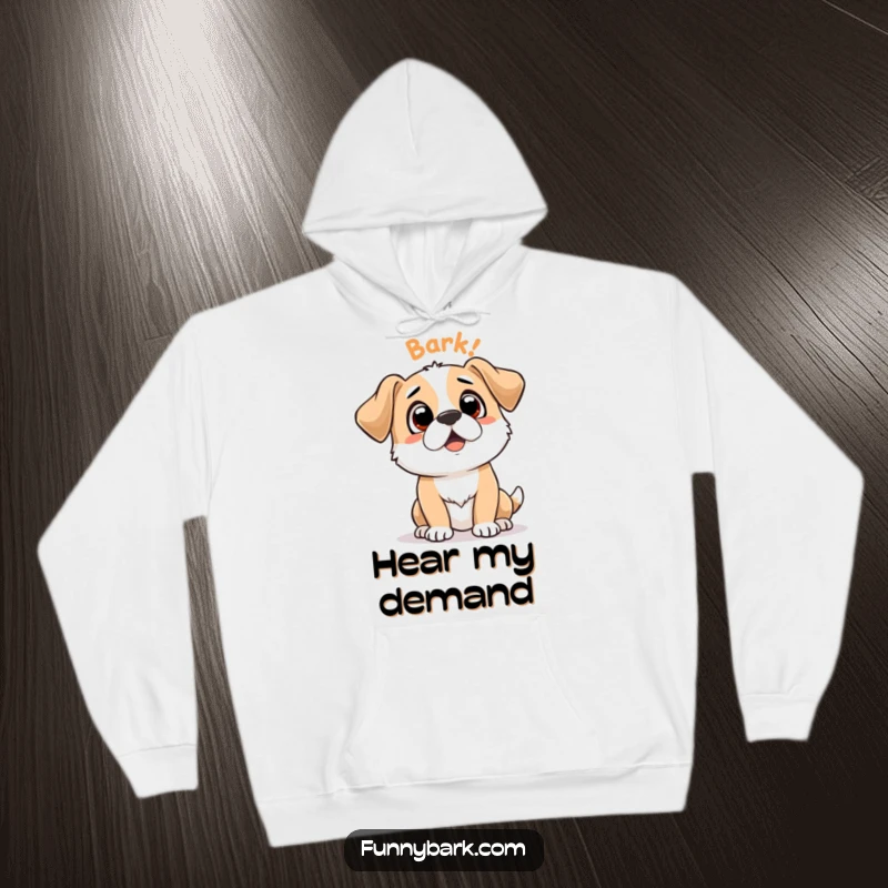 Funny hoodie showcasing a dog character looking up expectantly with 'Bark Bark' text for ultimate cozy humor and dog appreciation.