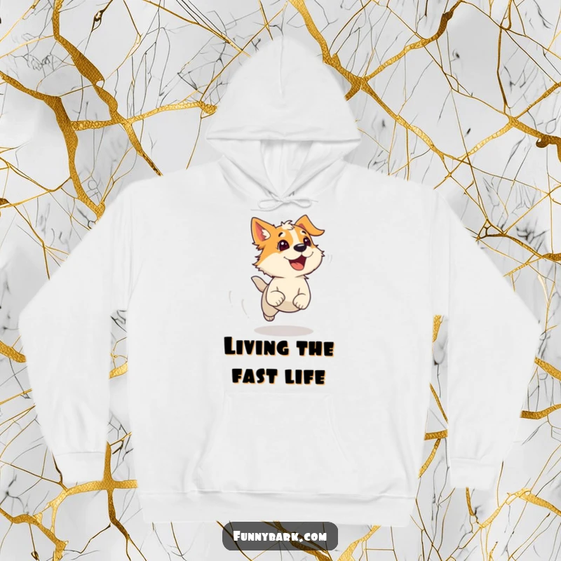 Funny hoodie showcasing a dog running with wind-ruffled fur, mouth open in a bark, combining warmth with energetic humor.