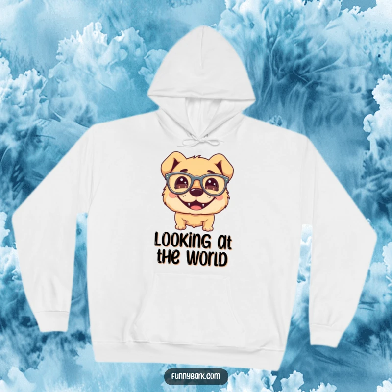 Funny dog hoodie, silly grin, wearing large floppy glasses, cozy and warm material, humorous character.