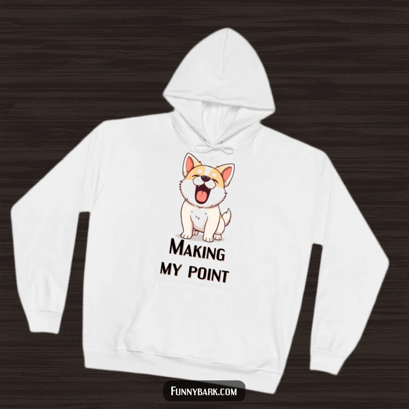 Funny Dog Hoodie, showing a dog barking with all its strength, chest puffed out, radiating protective energy.