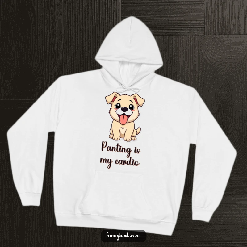 Funny hoodie showcasing a dog panting happily with its tongue out, captured mid-bark, symbolizing joy and comfortable, playful energy.