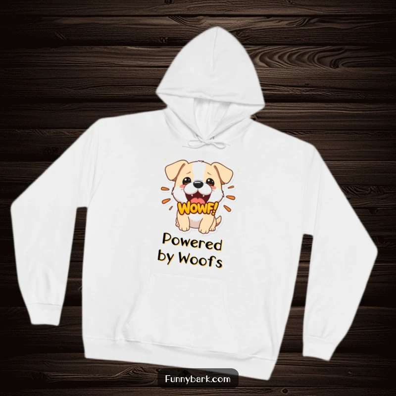 Funny hoodie displaying a small dog with an open mouth, letting out a large 'Woof!' graphic, offering warmth and a playful vibe.