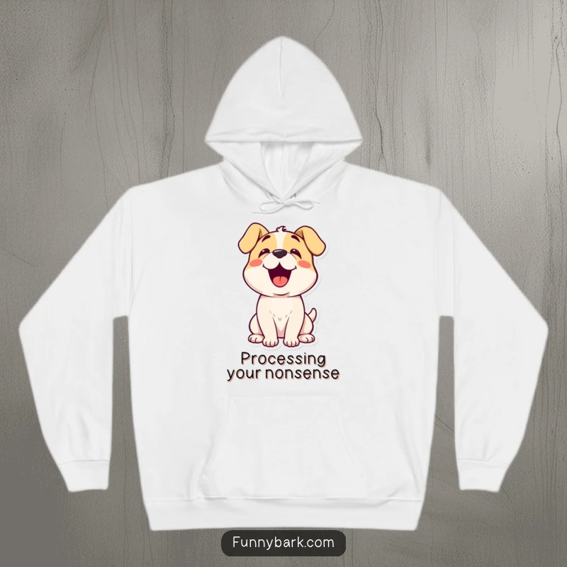 Funny dog with a sweet, curious head tilt, looking up inquisitively on a comfortable hoodie.