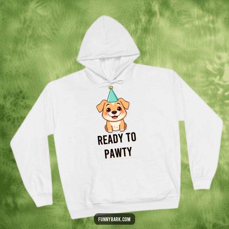 Funny dog character in a party hat with a wide, silly grin, designed for a warm and humorous hoodie.