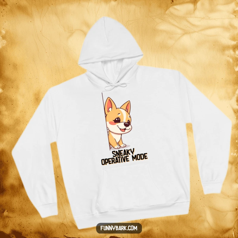 Funny hoodie showcasing a dog peeking around a corner, one ear up, with a stealthy bark, combining warmth with playful humor.