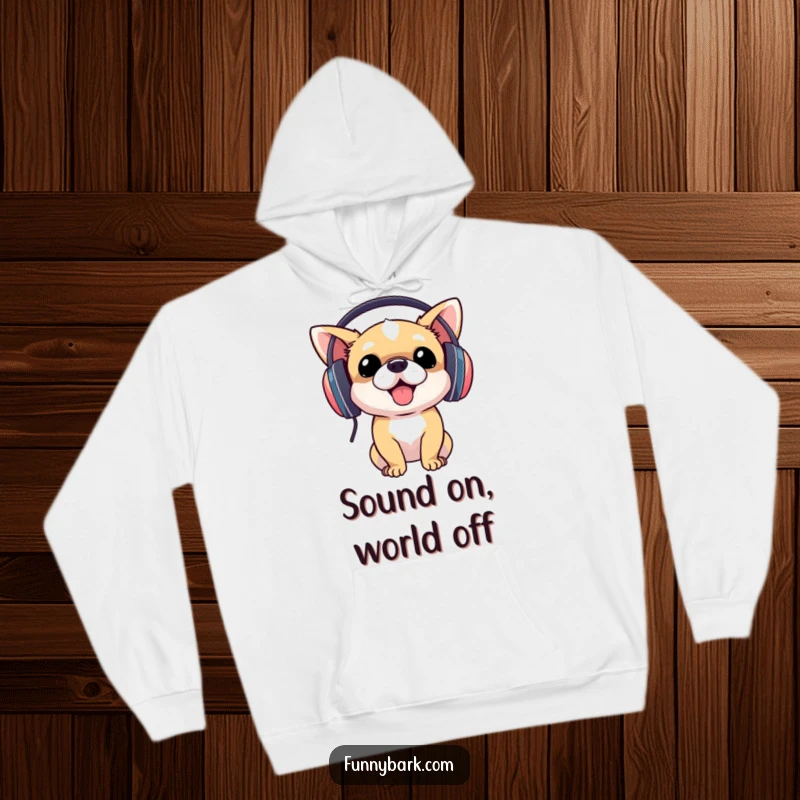Funny dog wearing oversized headphones, energetically headbanging, printed on a warm hoodie, perfect funny gift for music enthusiasts.
