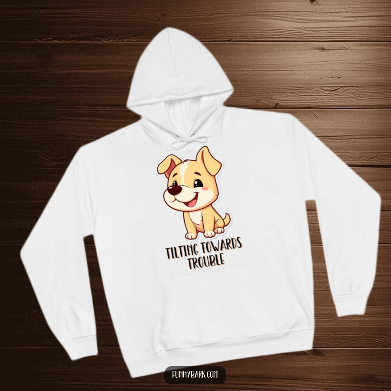 Funny hoodie showcasing a dog with a playful grin and tilted head, caught mid-bark, symbolizing cheerful mischief and cozy comfort.