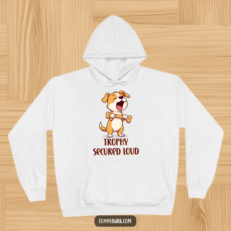 Funny hoodie showcasing a dog standing on hind legs, holding a bone, and barking loudly, combining warmth with proud humor.