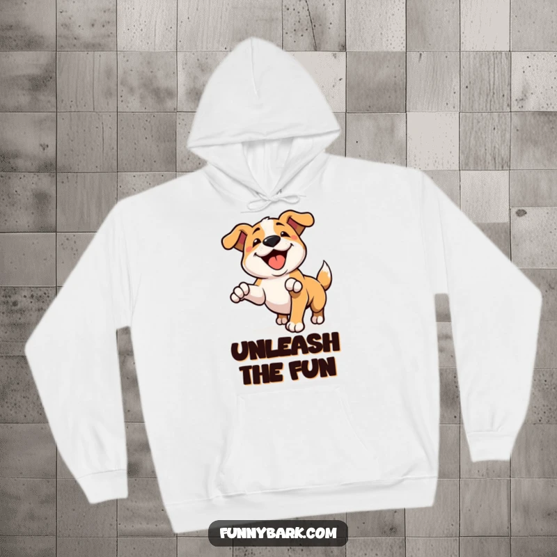 Funny hoodie displaying a dog character pouncing playfully, emitting a happy bark, perfect for cozy laughs and dog adoration.