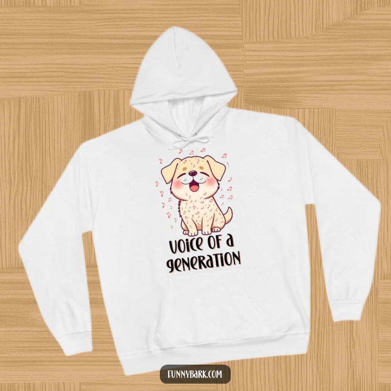 Funny hoodie showing a blissful dog with eyes closed, immersed in singing amidst tiny musical notes.