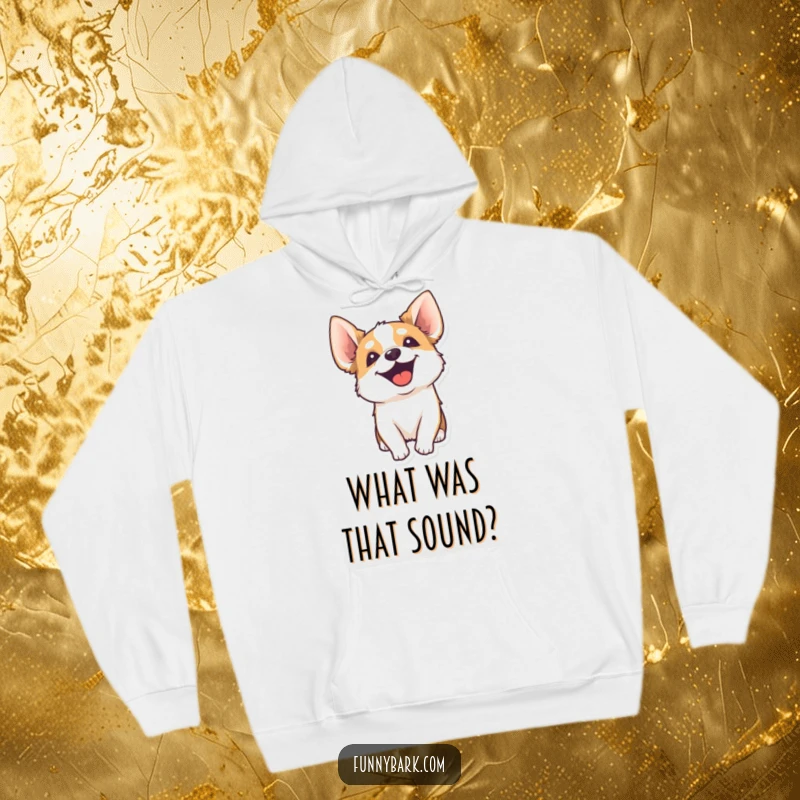 Funny hoodie with a dog's head tilted inquisitively, ears alert, and mid-yip, designed for comfort and humorous appeal.