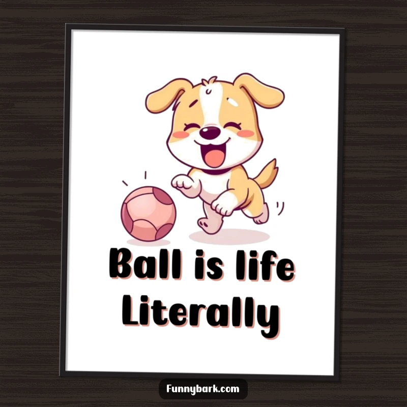 Funny Free Printable Dog Wall Art: A dog in mid-chase, excitedly barking after a rolling ball, full of playful energy.