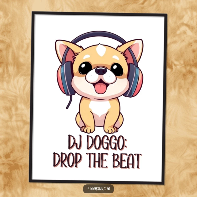 Funny free printable wall art: a small dog with oversized headphones, enthusiastically bobbing its head to unseen music.