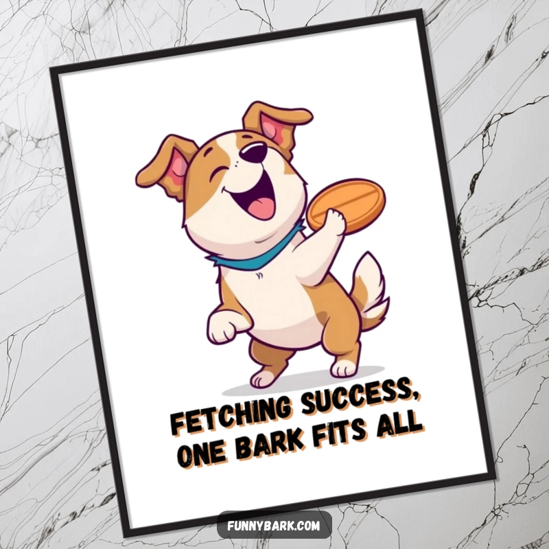 Funny Free Printable Wall Art: A joyful dog catches a frisbee, barking happily, capturing a moment of pure bliss.