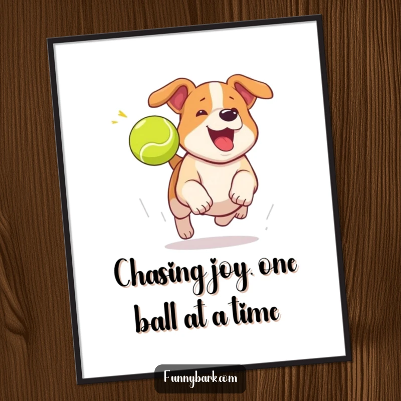 Funny free printable wall art of a dog excitedly chasing a runaway tennis ball mid-bark, capturing playful energy.