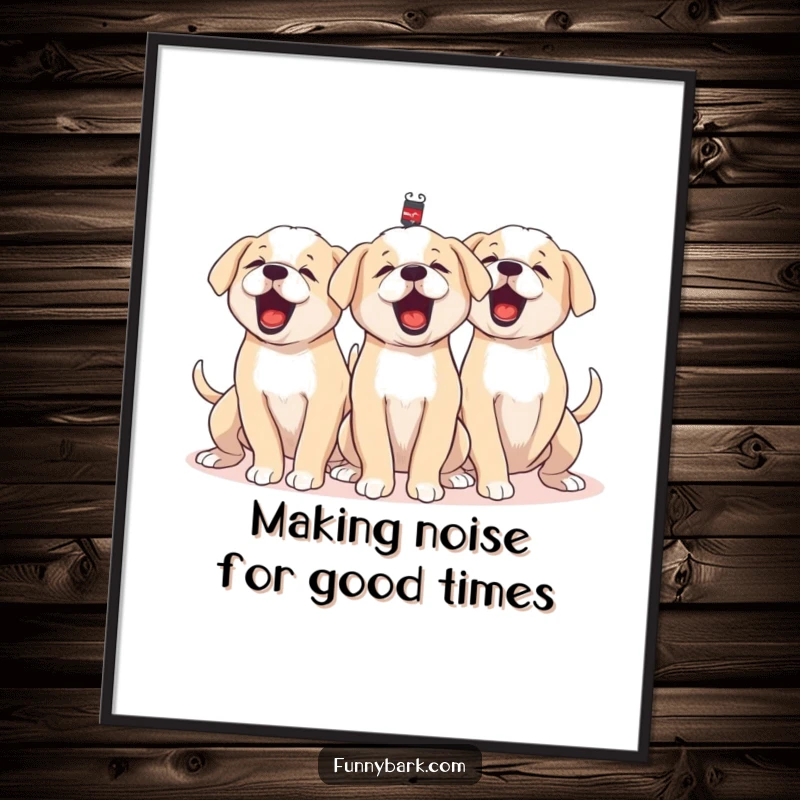 Funny Free Printable Wall Art of a group of puppies barking harmoniously, their tails wagging with wild enthusiasm.