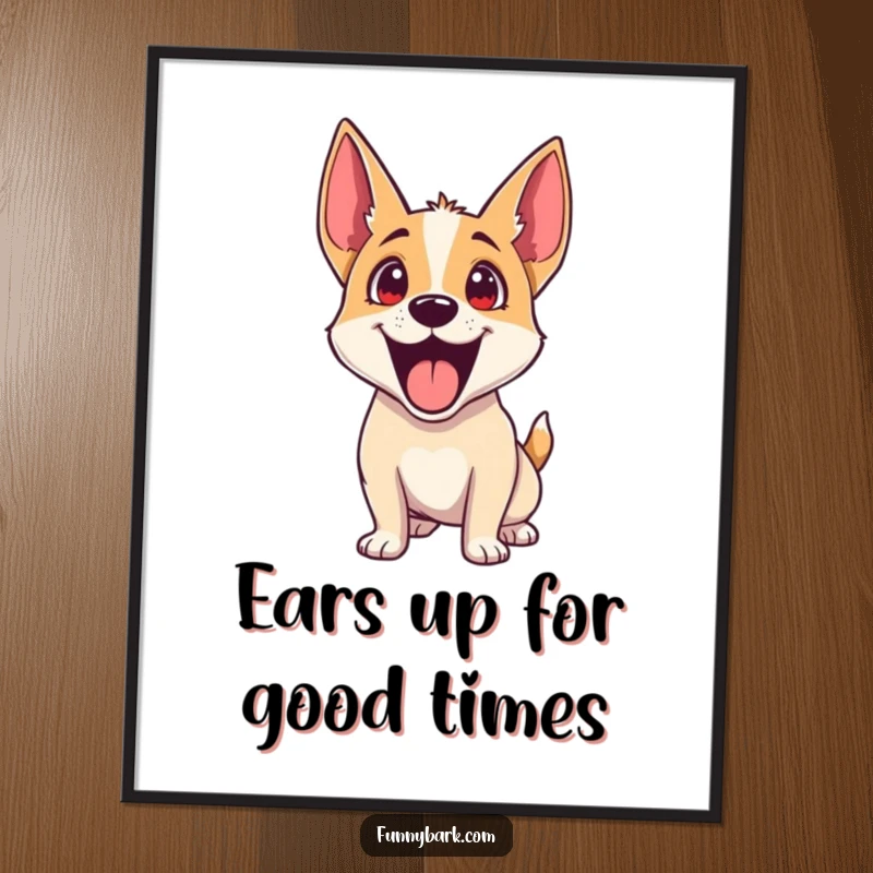 Funny Free Printable Wall Art: Dog looking up with ears perked and head tilted, anticipating fun and games.