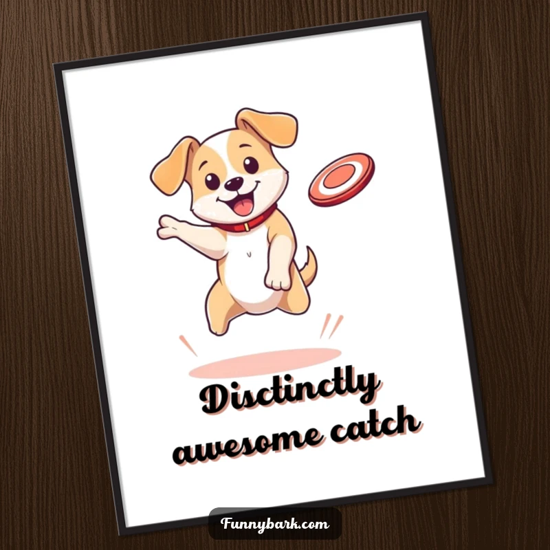 Funny Free Printable Wall Art: Dog mid-bounce with ears flopping, catching a bright flying disc.