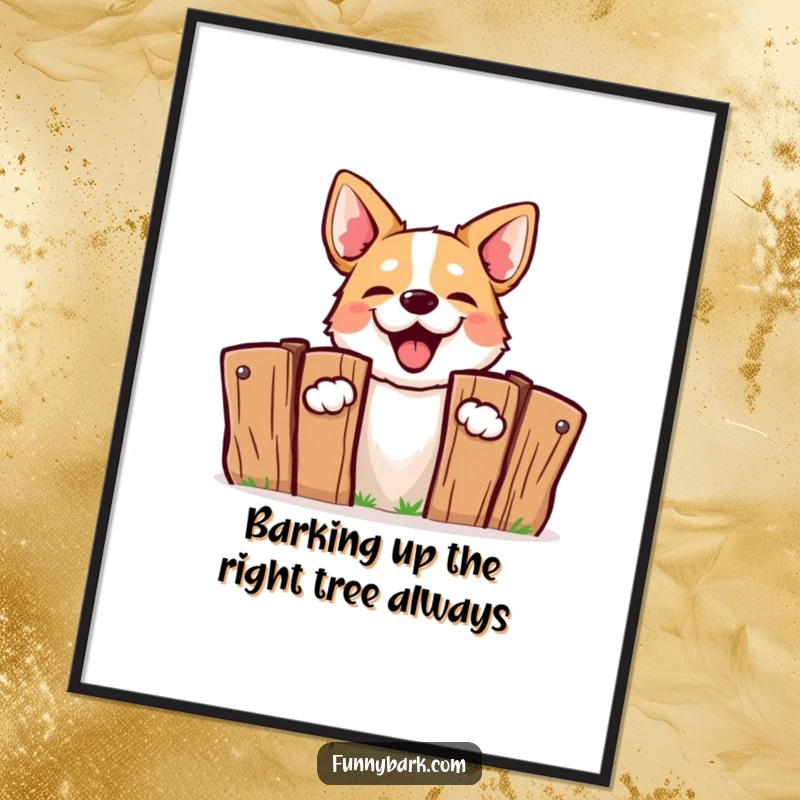 Funny Free Printable Wall Art: A dog energetically peeking from behind a fence, captured mid-bark with excitement.